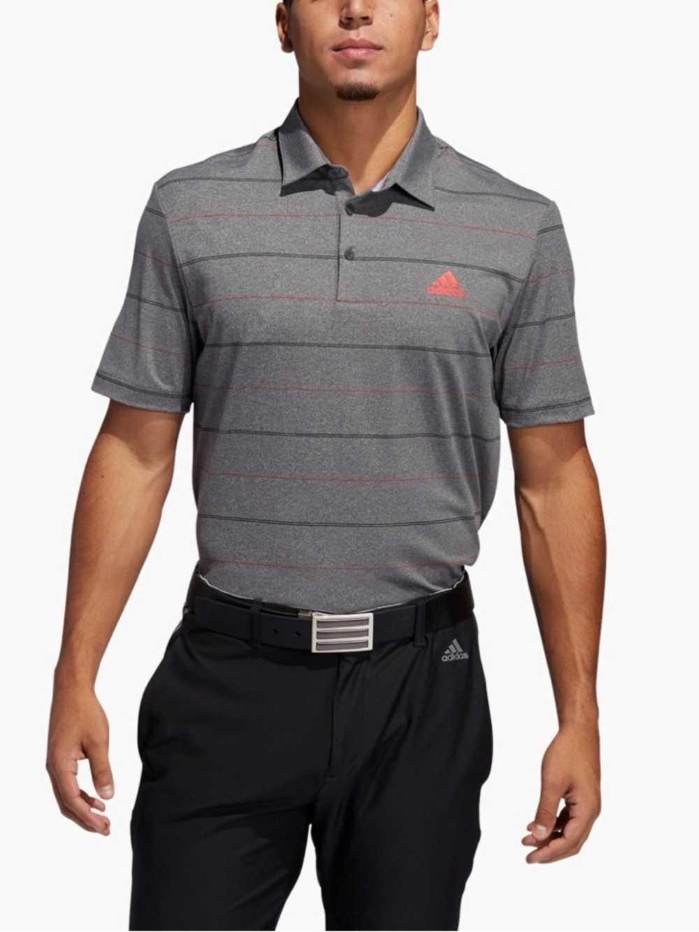 adidas Men's Gray Heather Polo with Thin Coral Stripe and Logo